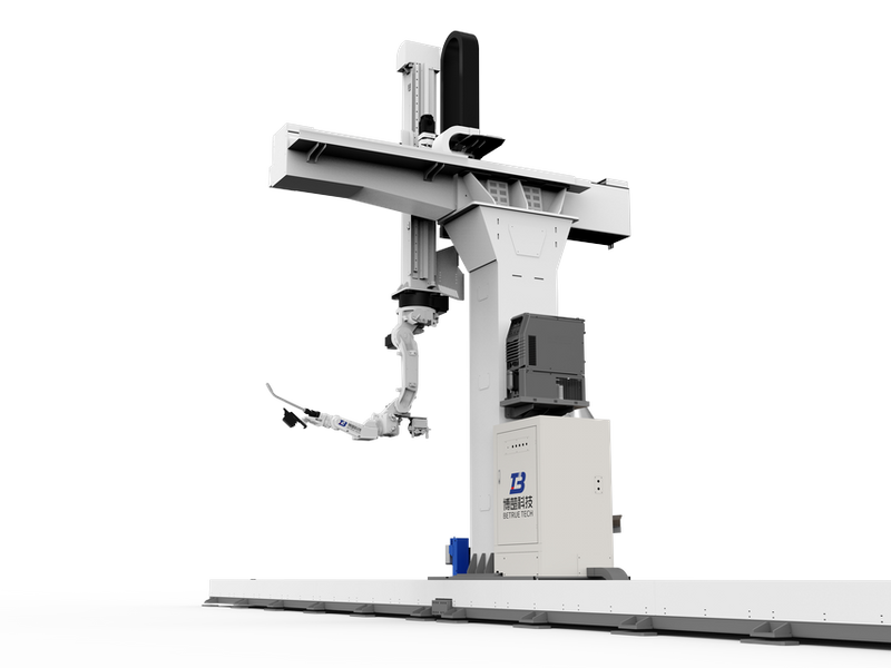 Stazione di lavoro per saldatura robotizzata su rotaia a 9 assi con cantilever