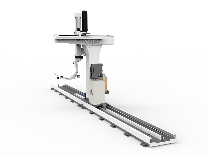 Stazione di lavoro per saldatura robotizzata su rotaia a 9 assi con cantilever